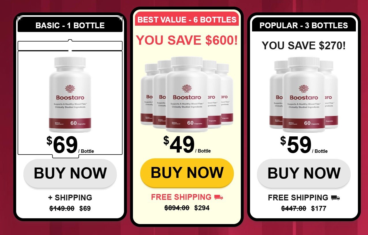 Boostaro package options: 1 bottle, 3 bottles, 6 bottles